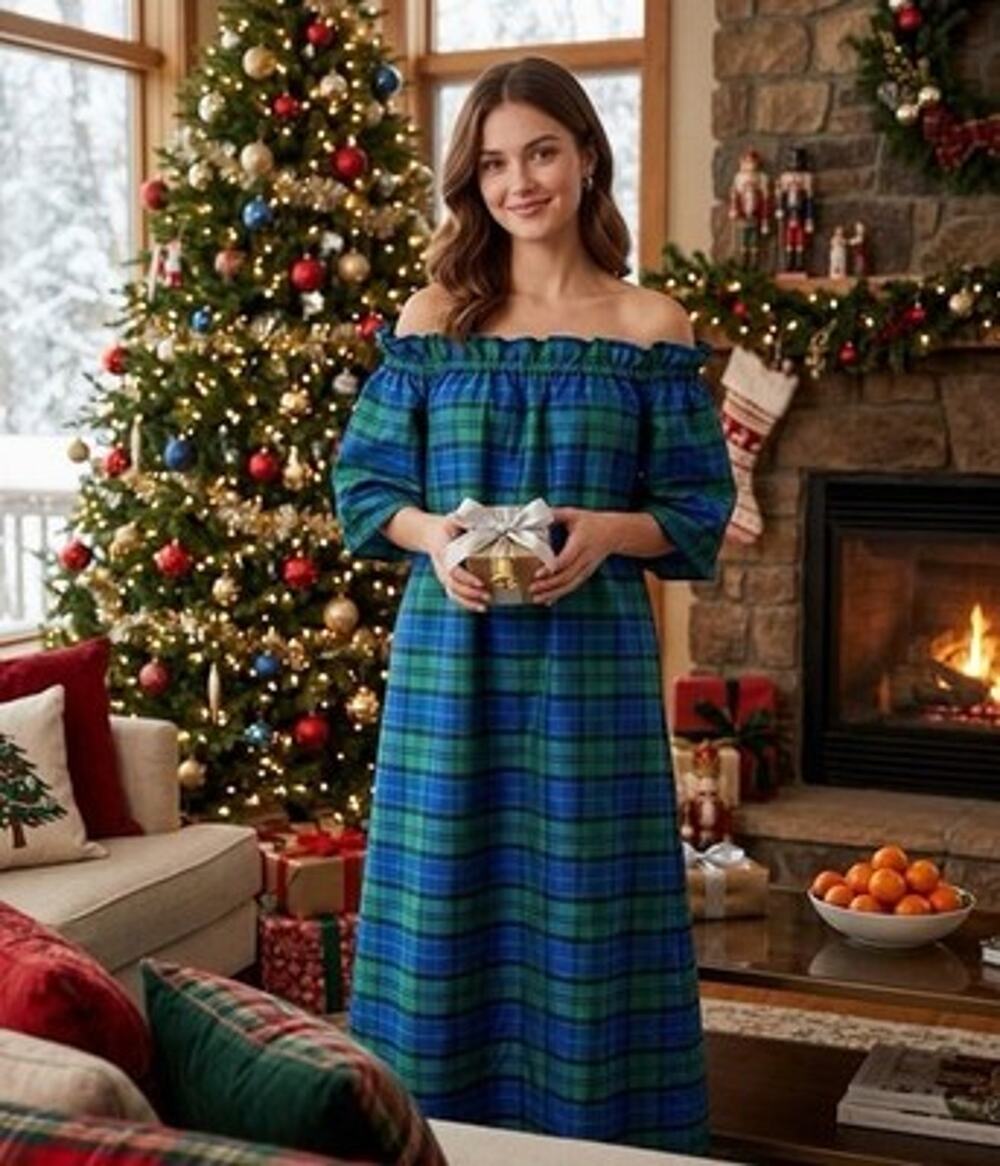 Hello Dobson Plaid Maxi Dress Blue Green Silk Dupioni Off Shoulder Womens Medium